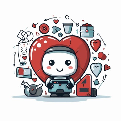 Cute robot playing video games. Cute cartoon vector illustration