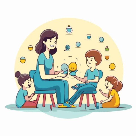 Mother and children playing with toys. Vector illustration in ca