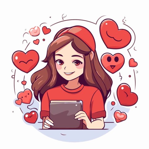 Girl with tablet and hearts around. Vector illustration in carto