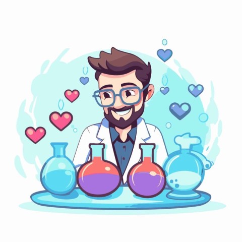 Vector illustration of a male scientist with chemical flasks and