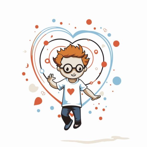 Cute cartoon boy with glasses playing badminton. Vector illustra