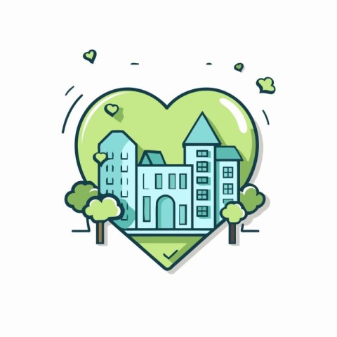 Vector illustration of building in heart shape with trees and bu