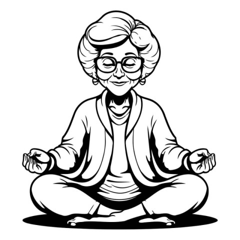 Elderly Woman Meditating - Black and White Cartoon Illustration