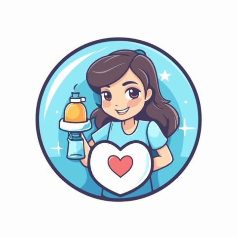 Cute girl holding a bottle of water and a heart. Vector illustra