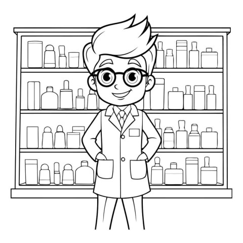 Pharmacist cartoon in the drugstore. Black and white vector illu