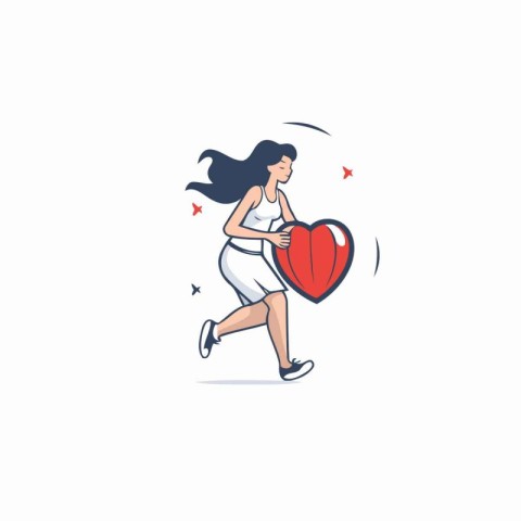 Woman running with a red heart. Vector illustration in flat styl