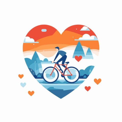 Bicyclist in heart shape vector illustration. Man riding bike on