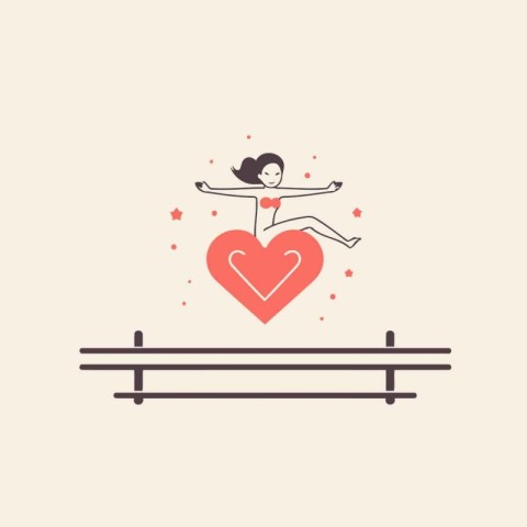 Girl jumping on bench with heart. Vector illustration in flat st