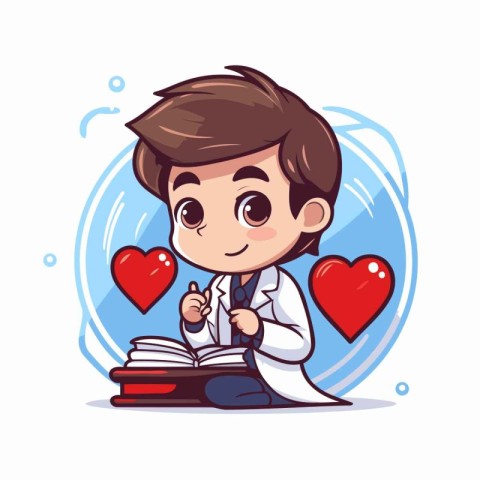 Cute boy with book and heart. Vector illustration. Cartoon style