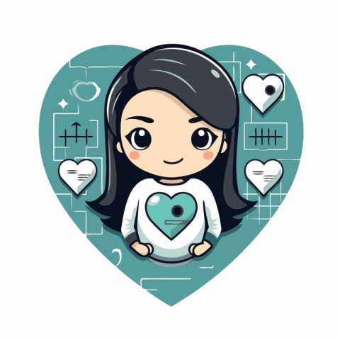 Cute little girl with heart in the hands. Vector illustration.