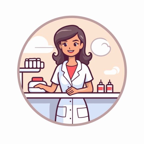 Cosmetologist in white coat standing near table. Vector illustra