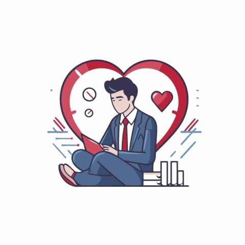 Businessman sitting with laptop and heart. Vector illustration i