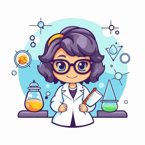 Cute little girl scientist in lab coat and glasses. Vector illus