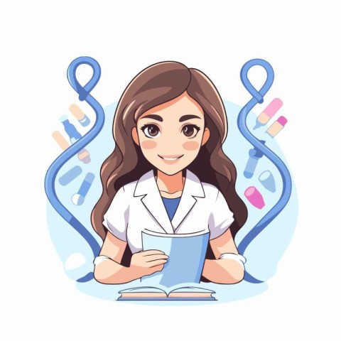 Female doctor with book. Vector illustration in cartoon style on