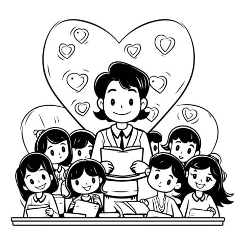 Teacher with students and hearts cartoon black and white vector