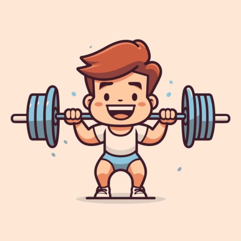 Fitness boy with barbell. Cute cartoon vector illustration.