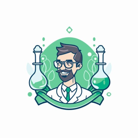 Scientist with flasks and green ribbon. Vector linear illustrati