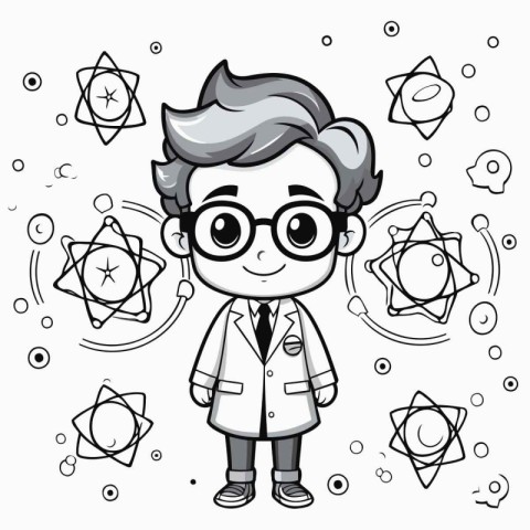 Cartoon scientist with science symbols. Vector illustration for