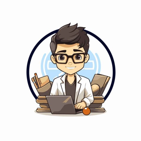 Illustration of a Doctor with a Laptop and Books in a Circle