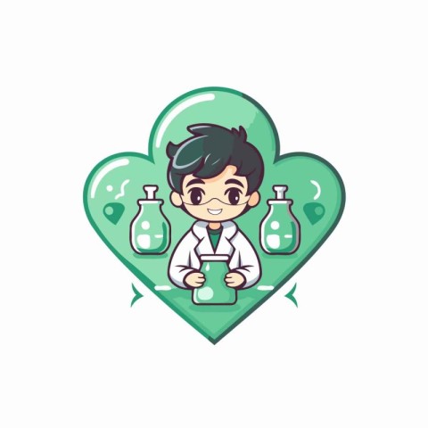 Cute boy scientist holding test tube in heart shape. Vector illu