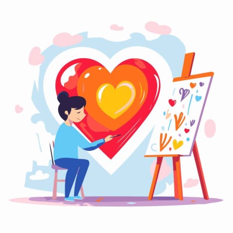 Young woman drawing a heart on canvas. Vector illustration in ca