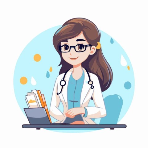 Female doctor with stethoscope and laptop. Vector illustration i