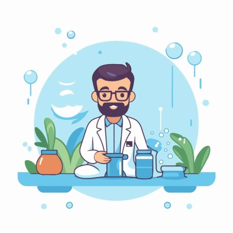 Bearded doctor in medical gown and glasses. Vector illustration