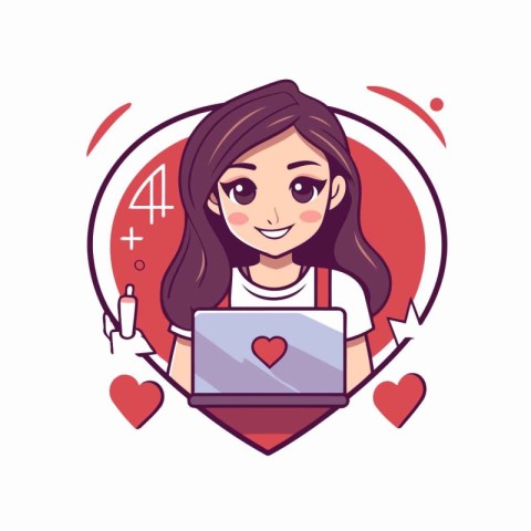 Vector illustration of a young girl with a laptop in her hands.