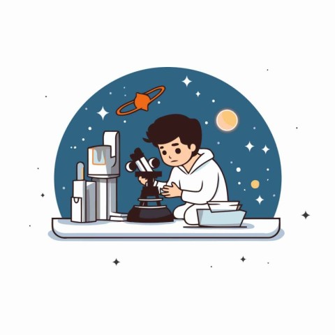 Cartoon scientist working with microscope. Vector illustration i