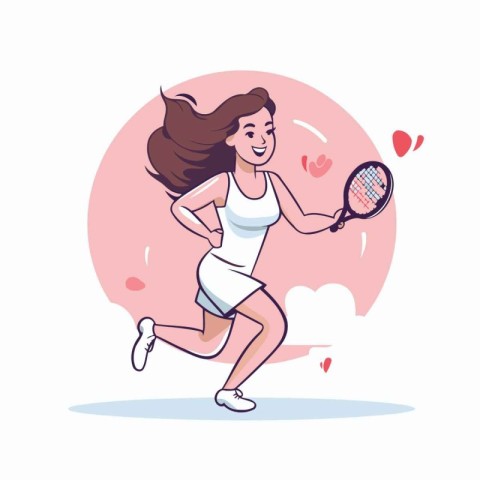 Tennis player girl running with racket and ball. Vector illustra