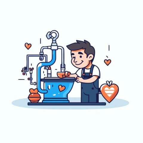 Plumber in uniform and apron is fixing the sink. Vector illustra