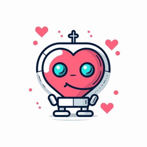 Cute robot holding heart. Vector illustration in line art style.