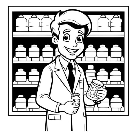 Pharmacist with a jar of pills in his hand. Black and white illu