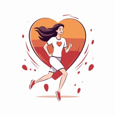 Vector illustration of a young woman running in front of a red h