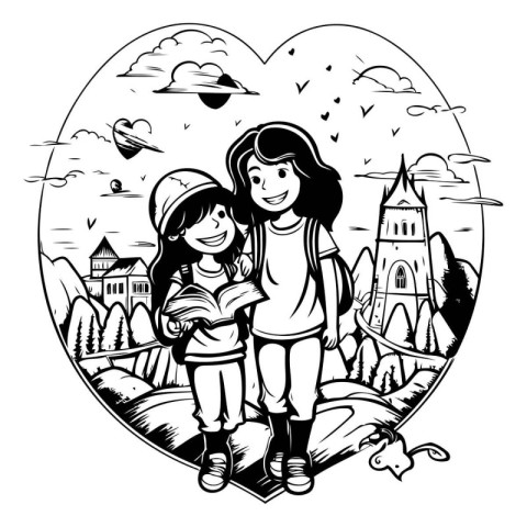 Boy and girl on the background of the castle. Vector illustratio