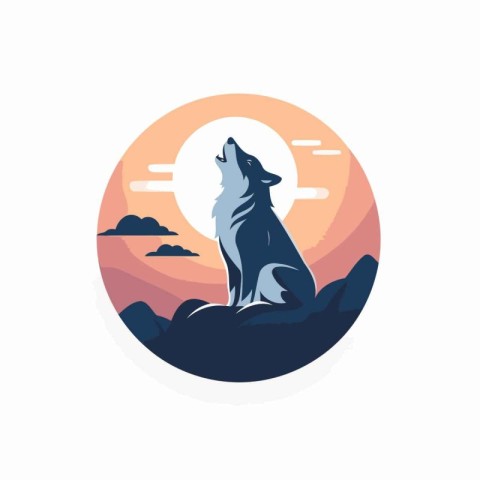 Wolf logo template. Vector illustration of a wolf with a sunset.