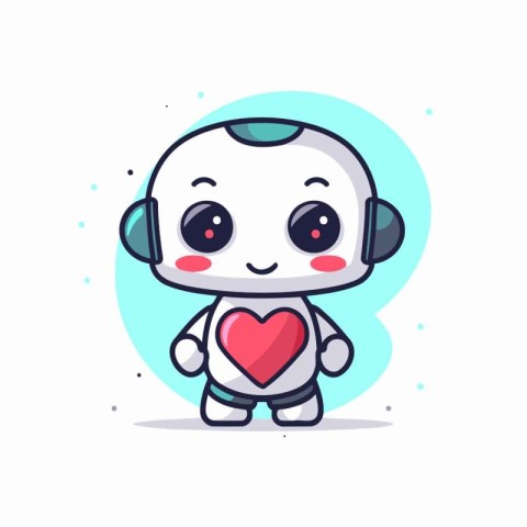 Cute little robot holding red heart. Vector flat cartoon charact