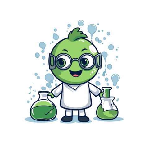 Cute cartoon green apple scientist character with glass flask an