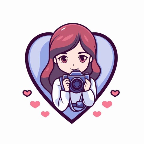 Illustration of a cute girl holding a camera in a heart shape