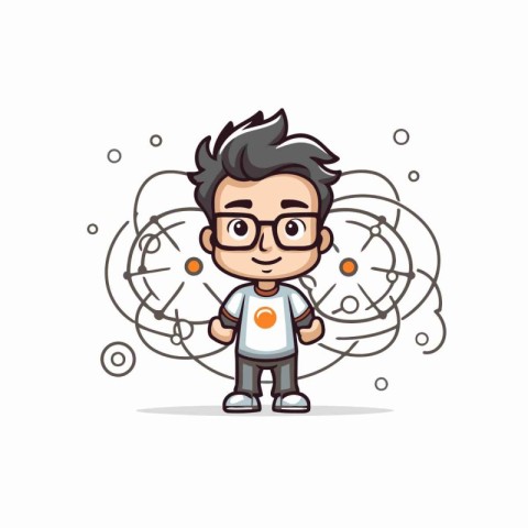 Scientist cartoon character with atom. Vector illustration on wh