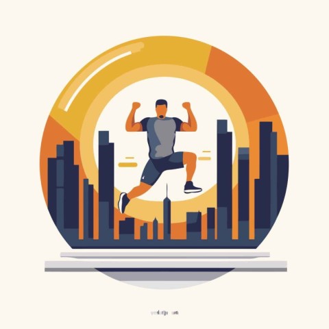 Vector illustration of a man running on a treadmill in the city.