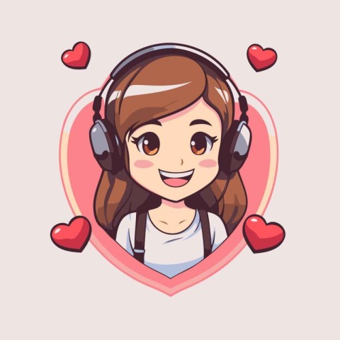 Vector illustration of a cute girl with headphones and hearts ar