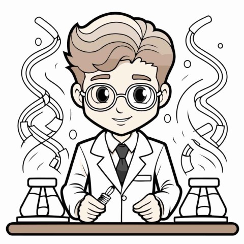 Cartoon scientist in lab coat and eyeglasses. Vector illustratio