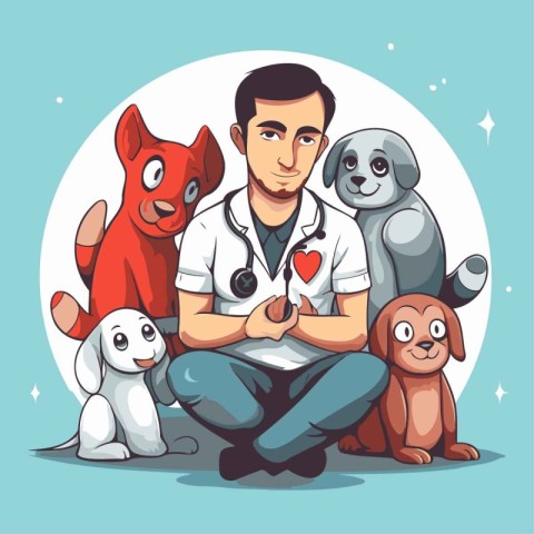 Veterinarian with dogs. Vector illustration of a cartoon dog.