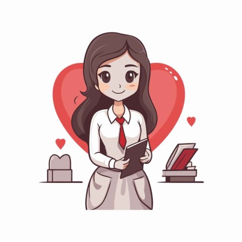 Vector illustration of a girl with a book and a red heart.