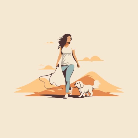 Young woman walking with her dog in the desert. Vector illustrat