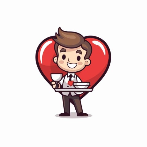 Cute waiter with a tray of food and heart mascot vector design