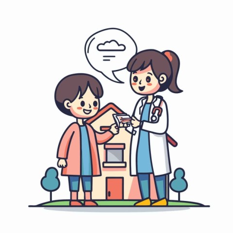 Doctor and patient with speech bubble. Vector illustration in ca