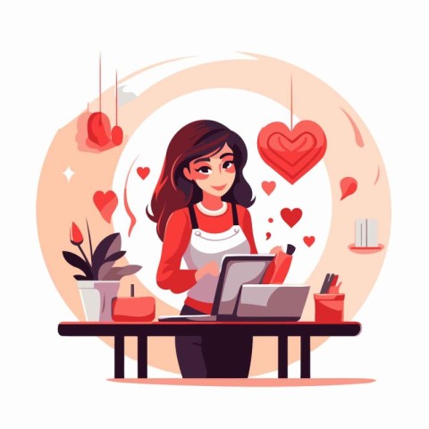 Girl working on laptop at home. Vector illustration in cartoon s