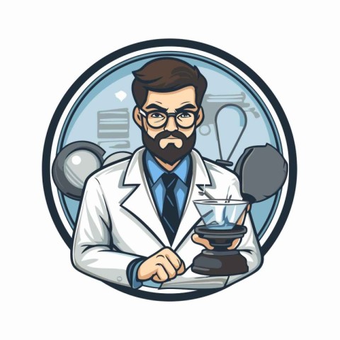 Vector illustration of a male scientist in a lab coat holding a